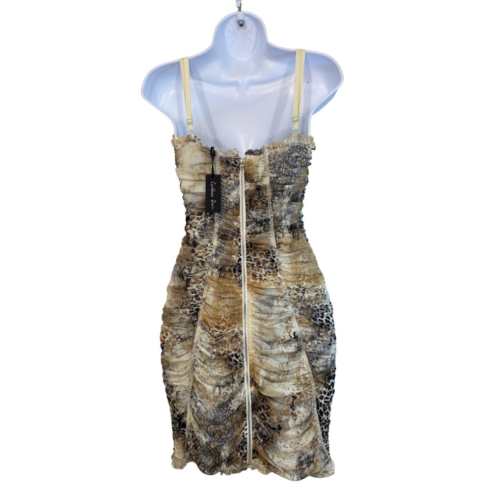 Vintage Y2K Leopard Mesh Ruched Bodycon Mini Dress Spaghetti Strap Prom Party S - Picture 9 of 14